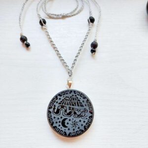 OBSIDIAN MEDALJON QUETZALCOATL z piramido, luno in soncem